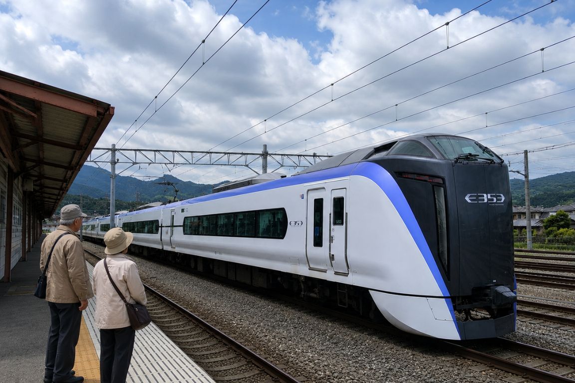 Fuji Excursion Limited Express train at a rural station with passengers waiting during a Mt. Fuji Tours experience with our agency