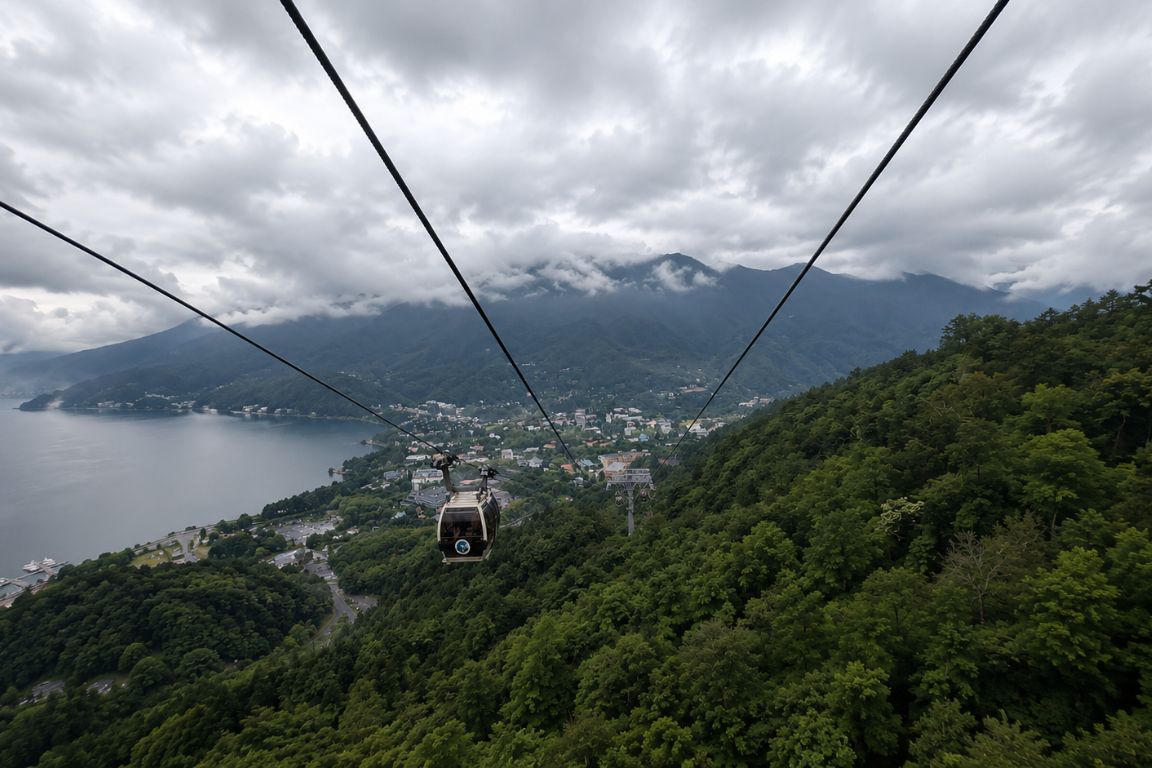 Hakone Ropeway cable car traveling over scenic mountain landscape and town during a Mt. Fuji Tours experience with our agency