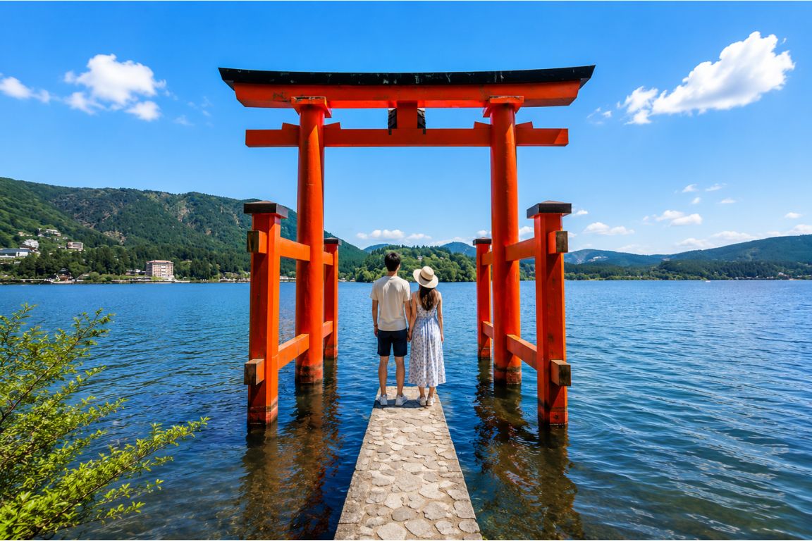 Couple standing at Hakone Shrine torii gate on Lake Ashi during a Mt. Fuji Tours guided experience with our agency