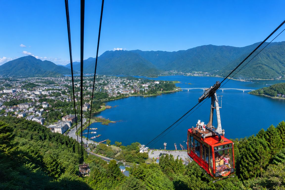 Kachi Kachi Ropeway cable car above lush hills and Kawaguchiko lake during a Mt. Fuji Tours guided experience with our agency