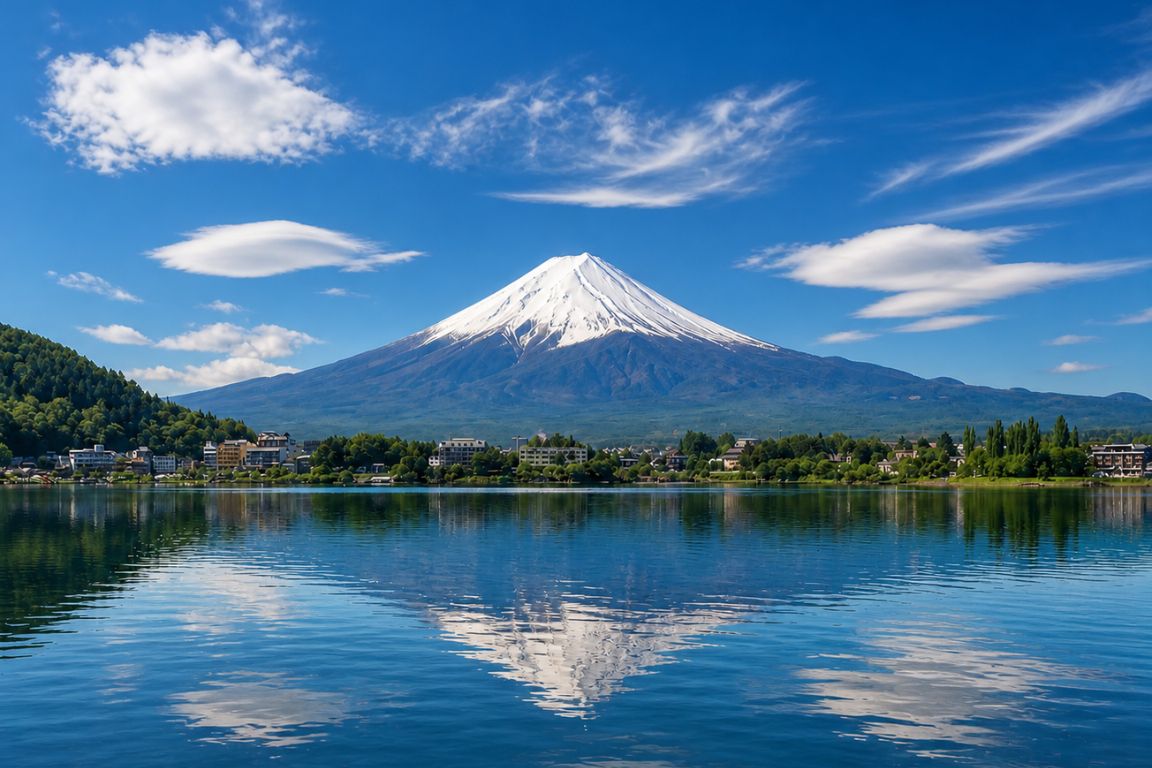 Lake Kawaguchiko with Mount Fuji in the background and crystal-clear reflection during a Mt. Fuji Tours guided experience with our agency