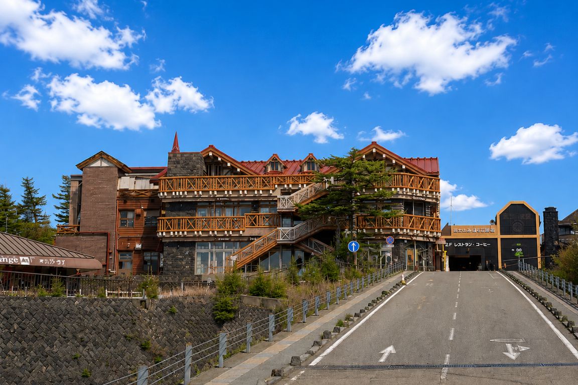 Entrance area to Mt. Fuji 5th Station with traditional-style buildings during a Mt. Fuji Tours experience with our agency
