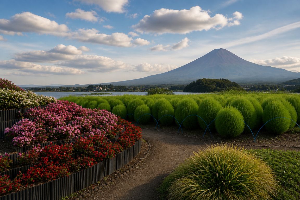 Oishi Park garden with colorful flowers and Mount Fuji in the background during a Mt. Fuji Tours guided experience with our agency