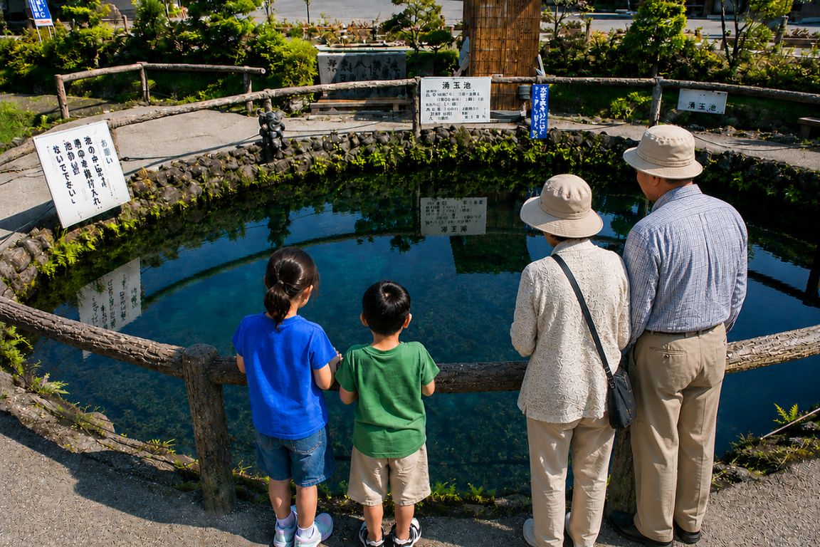 Visitors observing crystal-clear spring pond at Oshino Hakkai village during a Mt. Fuji Tours guided experience with our agency