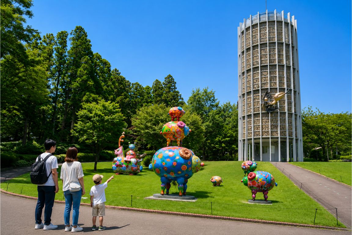 Family exploring colorful sculptures at The Hakone Open-Air Museum with forest backdrop during a Mt. Fuji Tours experience with our agency