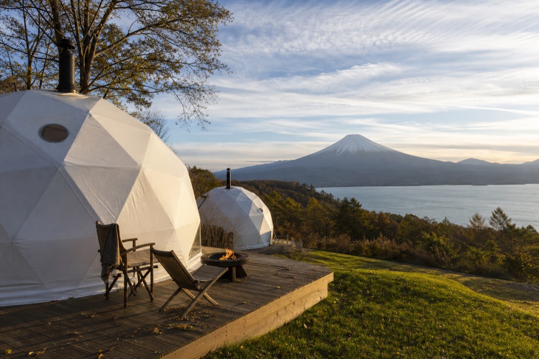 Glamping domes on the Fuji Five Lakes shoreline