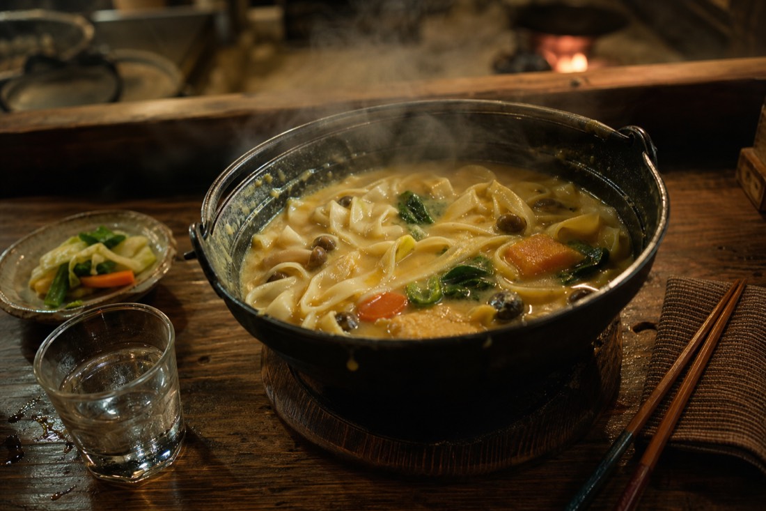 A cast-iron pot of thick flat noodles in miso broth with pumpkin and vegetables on a wooden counter