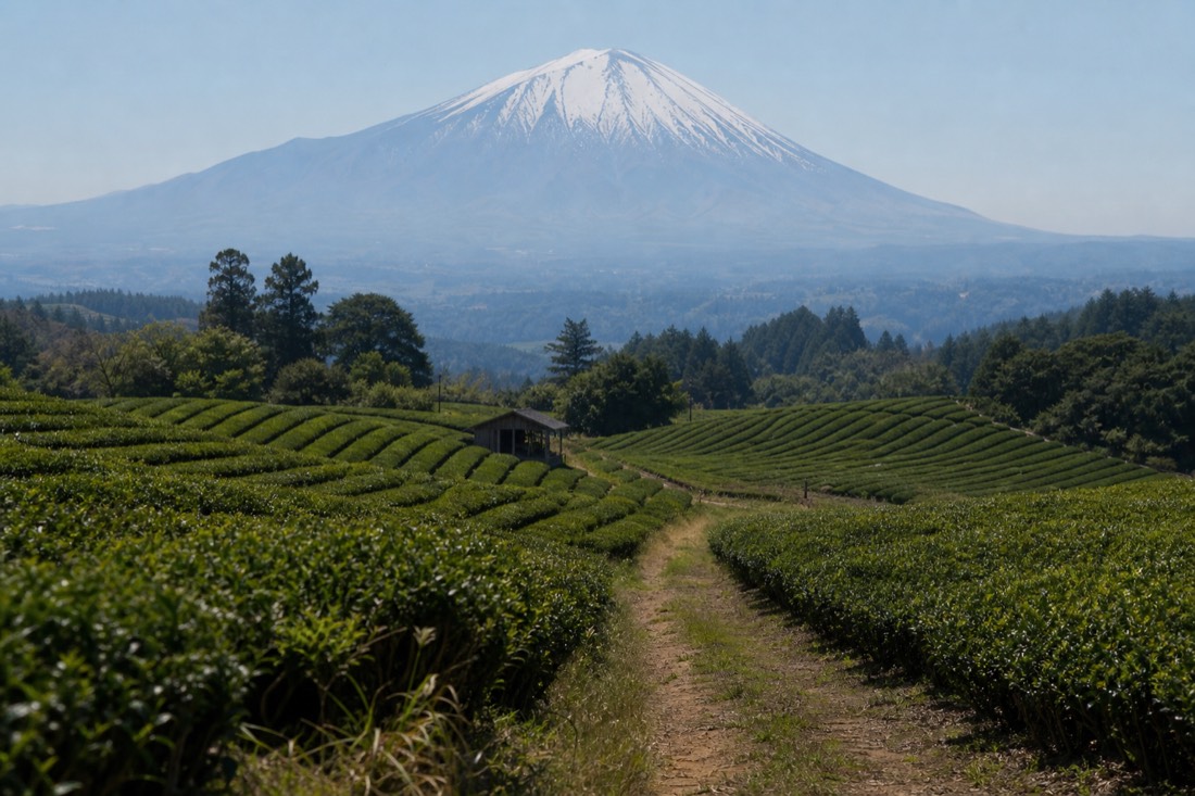 Tea terraces on the Shizuoka side, with the mountain behind